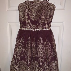 Maroon, short, strapless homecoming dress